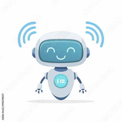 Friendly cartoon robot character emitting wireless signal waves, modern technology concept.