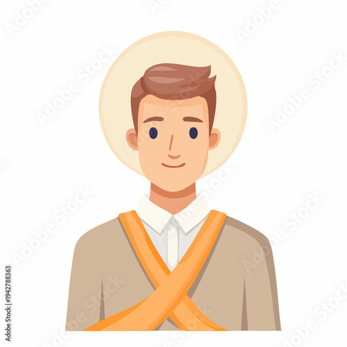 Cartoon portrait of a smiling person, wearing a sunhat and cross-body strap.