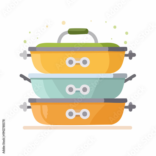 Colorful Stack of Cooking Pots with Lids in Flat Cartoon Style