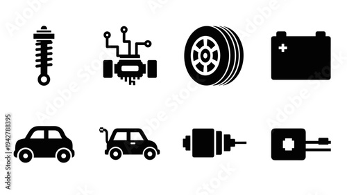 Electric vehicle technology icons: simplified symbols for modern automotive concepts