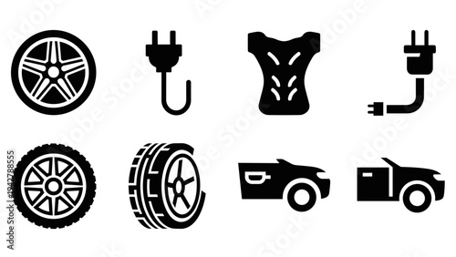Silhouette icons of automotive parts and accessories for modern vehicles