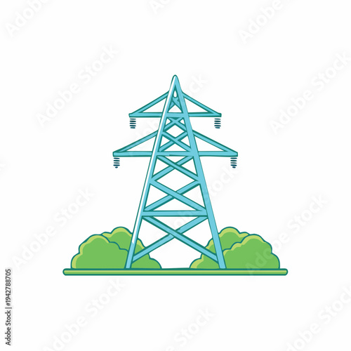 Cartoon illustration of a power transmission tower with green bushes and lines against a light backdrop