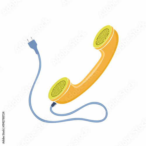Retro telephone handset in orange with blue cord and plug, isolated.