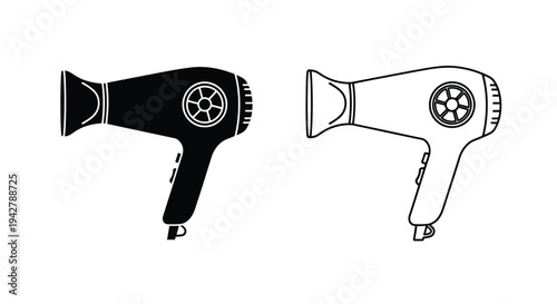 Two hair dryers depicted in black and white showcasing different views