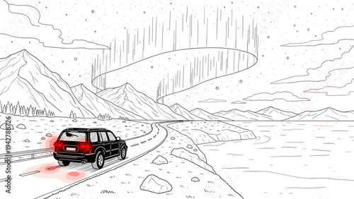 Night drive with scenic mountains and northern lights in black and white landscape
