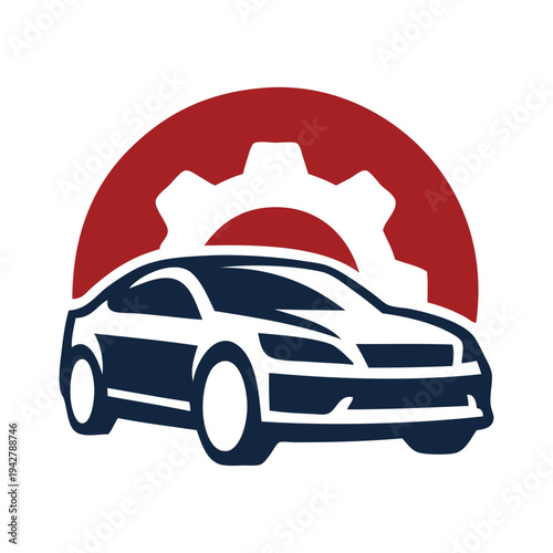 Logo taller mecánico. Dibujo con líneas de coche deportivo con engranaje en círculo 