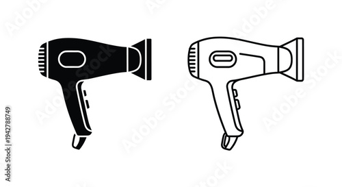 Two black and white illustrations of a handheld hair dryer