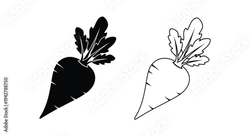 Two stylized carrots one dark and one light presented as a pair