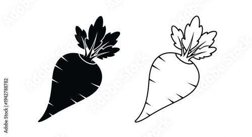 Two carrots depicted in contrasting black and white line art styles