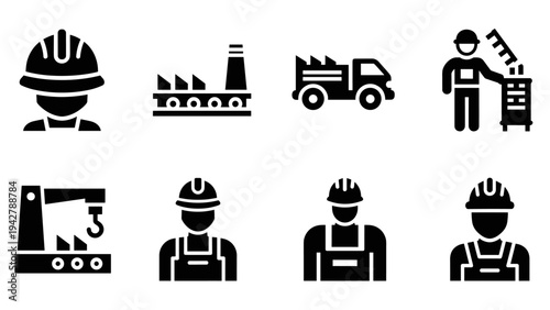 Industrial worker icons: essential tools and machinery in bold silhouette style