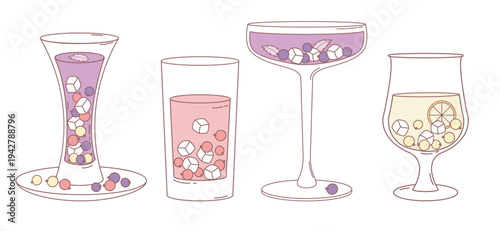 Currant Cocktail Set. Refreshing Drinks with Black, Red and White Berries in Glasses. Isolated Summer Fruit-infused water with Berry, Lemon, Ice Cubes and Mint Leaves. Vector Illustration