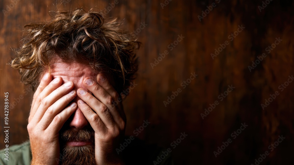 Fototapeta premium A man appears visibly distressed, covering his face with hands amidst a textured wooden background that emphasizes feelings of anxiety and despair, capturing deep human emotion.