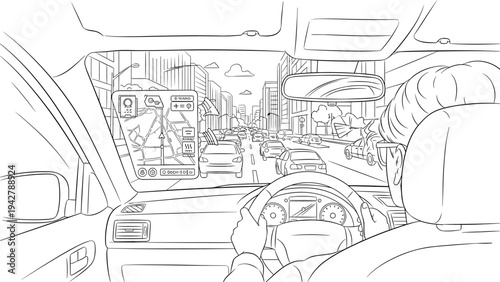 Line art of driver's view with futuristic display on busy city street