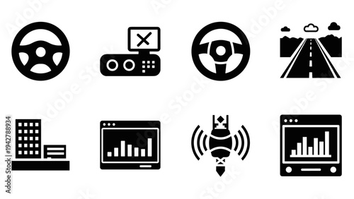 Monochrome automotive and technology icons: steering wheels, gps, and analytics
