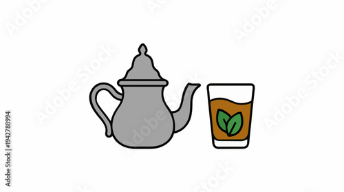 A Traditional Metal Teapot and a Clear Glass Filled with Mint Tea on a White Background