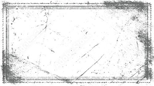 Distressed grey textured rectangular frame with scratches and speckles on white background scratched