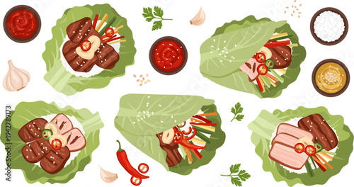 Korean BBQ Lettuce Wrap Collection with Grilled Beef, Pork Belly, Garlic, Chili Peppers, Rice, and Spicy Sauce Traditional Korean Food Vector Set