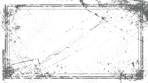 Distressed grey rectangular frame with textured grunge overlay and scattered speckles