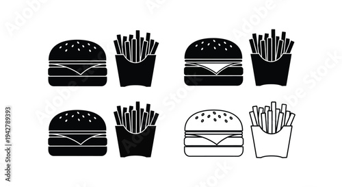 Black and white illustration of burgers and french fries in various arrangements