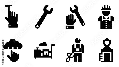 Black and white industrial icons: tools, technician, cloud computing, machine