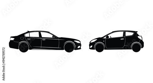 Silhouettes of a sedan and a hatchback car side view black and white