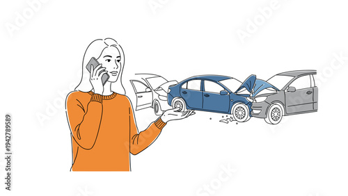 Person on phone at car accident scene in minimalist outline style