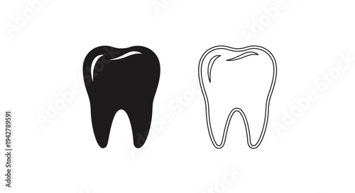 Two contrasting tooth illustrations a black silhouette and a white outline