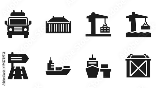 Logistics and shipping icons: simple black silhouettes for transport and delivery themes