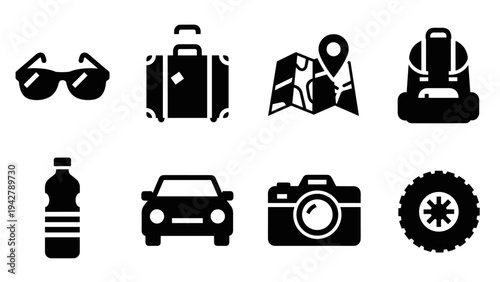 Travel essentials icons: silhouette design featuring luggage, car, camera, map, backpack, sunglasses