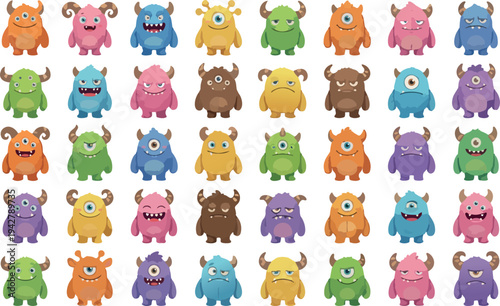 Monster Variety: A vibrant array of diverse, cartoonish monsters, each with unique features, presenting a spectrum of emotions and personalities.