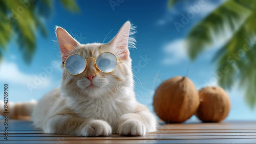 Wallpaper Mural A Cool Summer Cat Relaxing in Sunglasses by Palm Trees with Natural Background and Coco Nuts Depicting a Photorealistic Pet Scene Torontodigital.ca