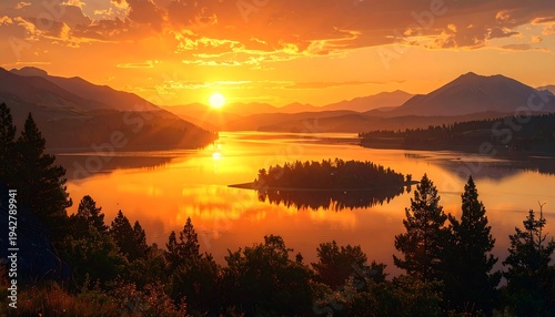 A scenic sunset over a calm lake nestled amidst rolling hills and silhouetted forests. The sun casts a golden glow