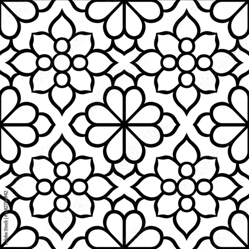 bold thick outlines Islamic floral geometric repetitive seamless pattern in rows icon simple flat black line art on a white background clean and