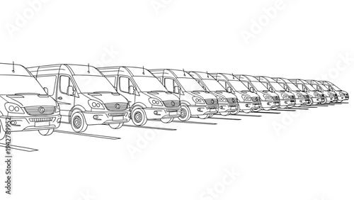 Multiple delivery vans in line art style for transportation and logistics themes