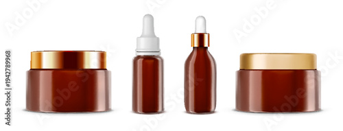 Realistic cosmetic bottles mockup with white caps, vector set isolated on background. Brown serum container with dropper and cream or scrub jar with golden lid, skincare product packaging design.
