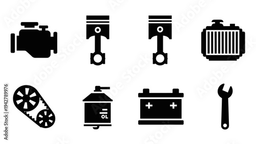 Engine components: piston, radiator, battery, belt, wrench in silhouette style