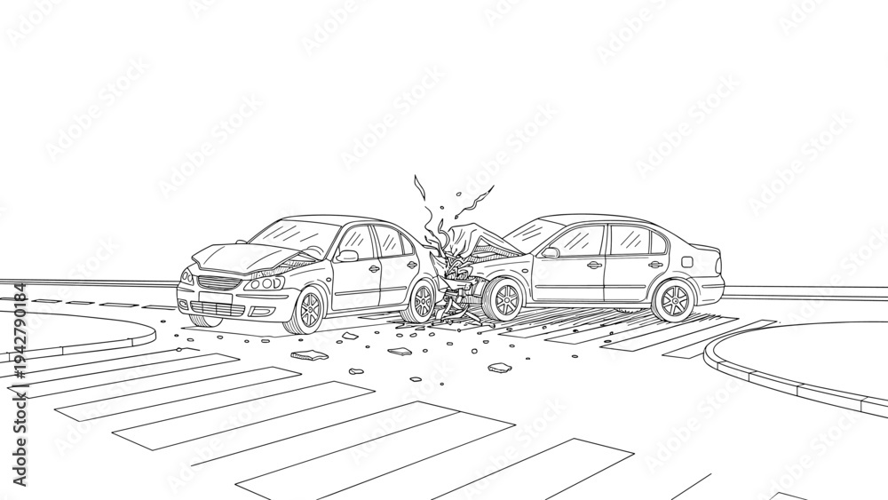 Fototapeta premium Linear car accident scene with two colliding vehicles on crosswalk