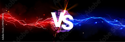 Dynamic versus background with blue and red smoke effect, neon electric lightning. Abstract vector vs banner with epic battle atmosphere for sport competition and gaming posters
