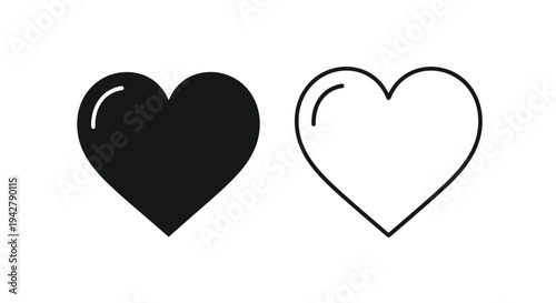 Two hearts a solid black shape and a simple black outline
