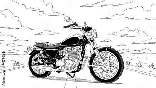 Vintage motorcycle on open road with scenic sky in line art style