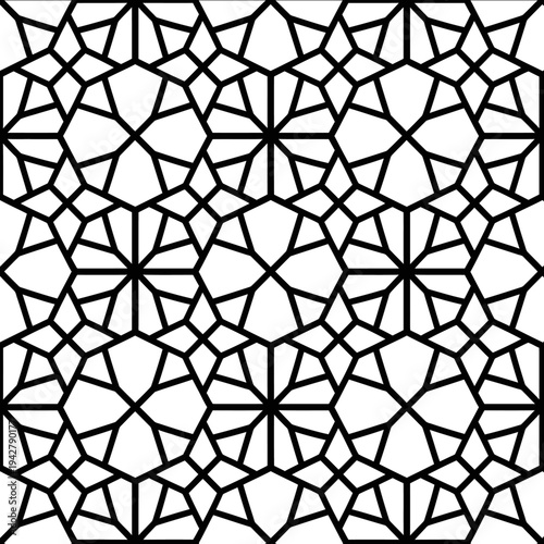 bold thick outlines Islamic geometric repetitive inspired by Girih designs seamless pattern in rows icon simple flat black line art on a white ba