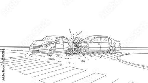 Linear car accident scene with two colliding vehicles on crosswalk