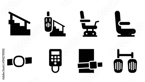 Accessible transportation icons: silhouette symbols of wheelchair lifts, ramps, and adaptive seating