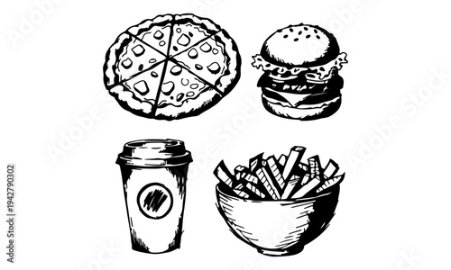Fast Food Doodle Collection Burger Pizza Fries