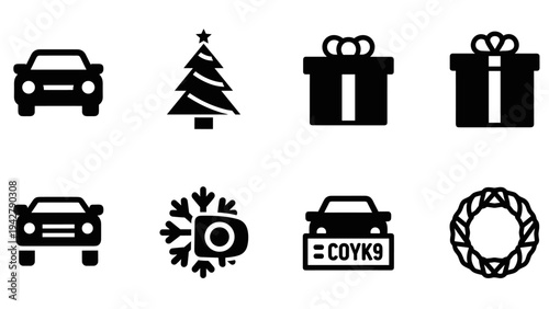 Minimalist holiday icons: cars, gifts, and winter symbols in black silhouettes