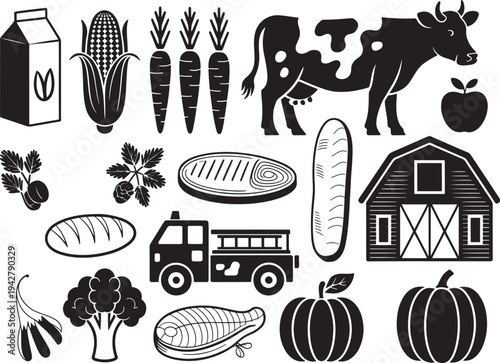 Farm Agriculture Icons Cow Barn Tractor Rural Farming Set