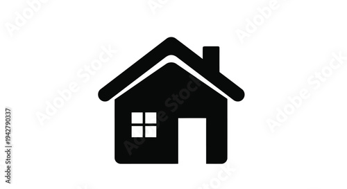 Simple black silhouette of a house with a chimney and window