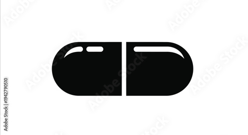 A simple black and white illustration of an open capsule pill