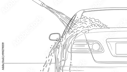 Car wash scene in black and white linear style with sudsy water flowing down vehicle
