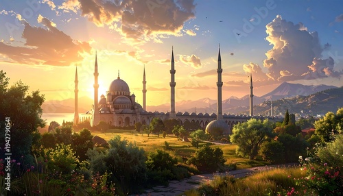 A scenic sunset paints a grand mosque with golden hues, casting long shadows across a verdant landscape